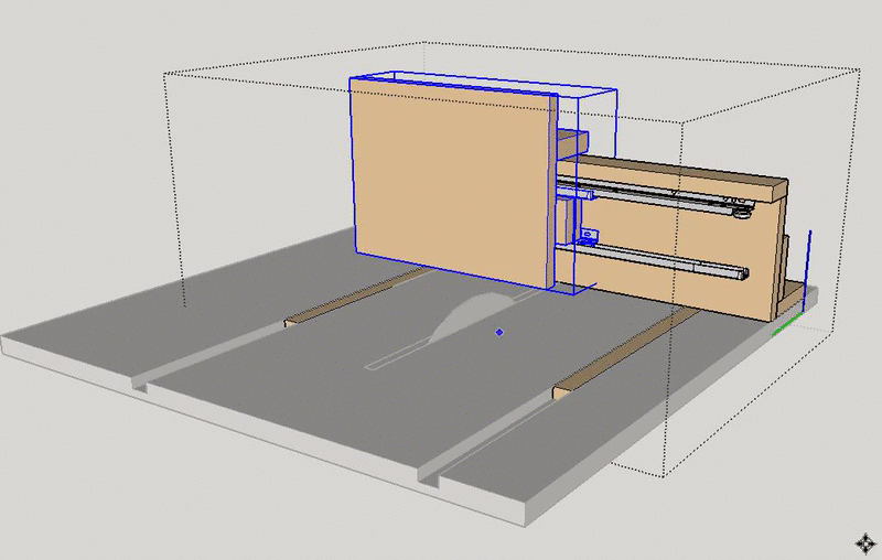 Lateral motion is provided by two drawer runners. Work pieces are clamped to the large rectangle.